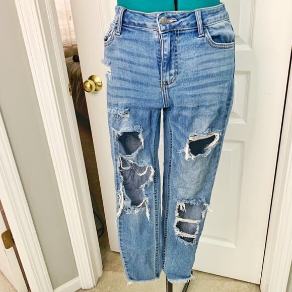 Cello Medium Wash Hi Rise Distressed  Raw Hem Stretch Skinny Cropped Jeans - Picture 2 of 13